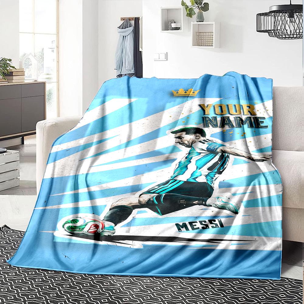 Football Messi Personalized Text Blanket Gift Customizable Blanket Soft Warm Cozy Throw For Picnics Nap Bed Sofa Ideal for All Seasons
