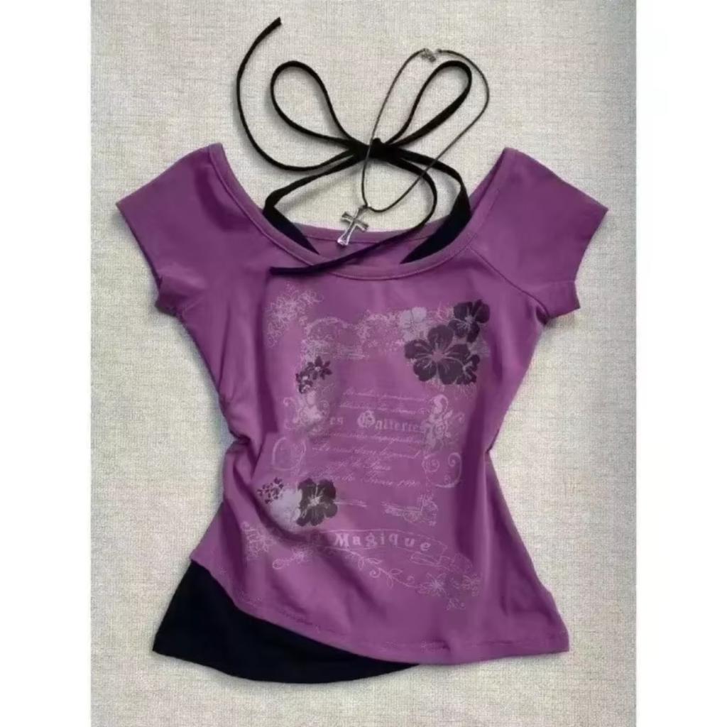 Camisetas de verano de dos piezas con cuello halter y vendaje estilo vintage, camisetas Y2k estéticas ajustadas, camisetas sexis informales con estampado grunge para mujer