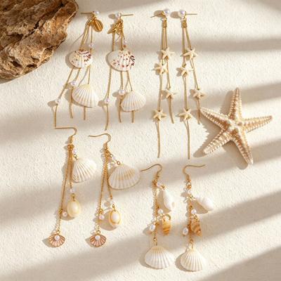 1 Paar Damenohrringe, Lange Quaste Muschel Muschel Seestern Design Hängeohrringe, Imitation Perlen Ohrringe für Strandurlaub Schmuck