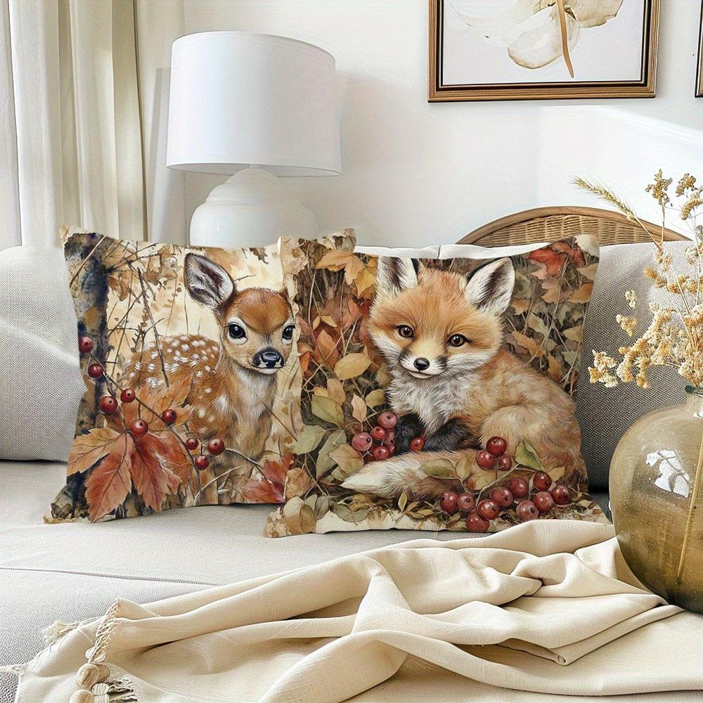Adorable Forest Animal-Print Pillowcases: Deer, Squirrel, Hedgehog, Fox Sofa Cushion Cover Home Room Decoration 2D Flat Printing