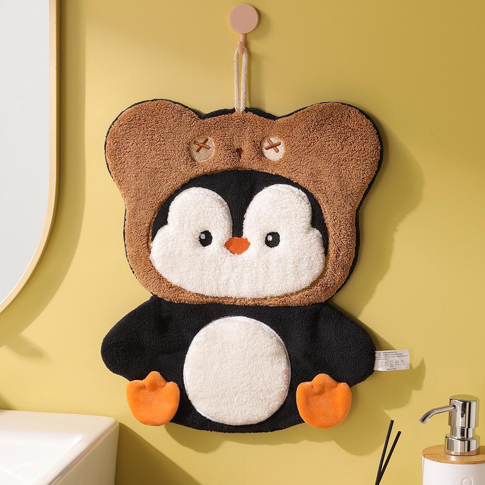 Penguin Coral Fleece Hand Towel - Extra Large & Thick, Hanging, Dual-Use, Water Absorbent, Quick-Drying, Non-Shedding