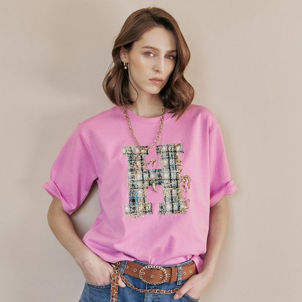 Maxza Tweed Applique Embroidered Round Neck T shirT ze05qT600na creamy/FREE