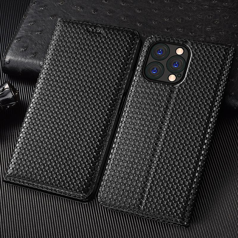 Grid Genuine Leather Flip Case for Apple IPhone 6 6S 7 8 Plus X XS XR 11 12 13 14 15 16 Pro Max Plus Mini Phone Cover Cases