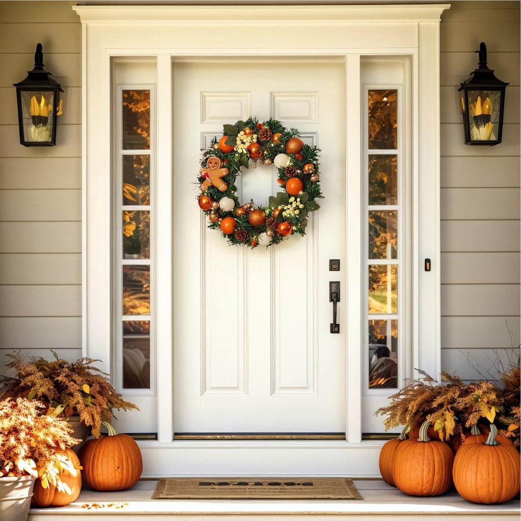 Outdoor Christmas Wreath 15.7 Inch Farmhouse Gingerbread Wreath With Lights For Home Realistic Holiday Decor For Entrance Front