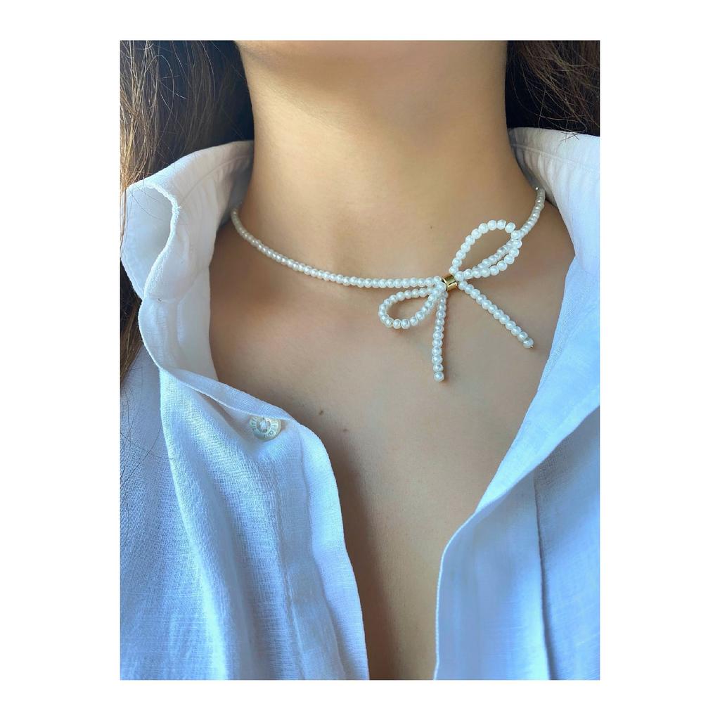 Pearl Ribbon Bow Necklace