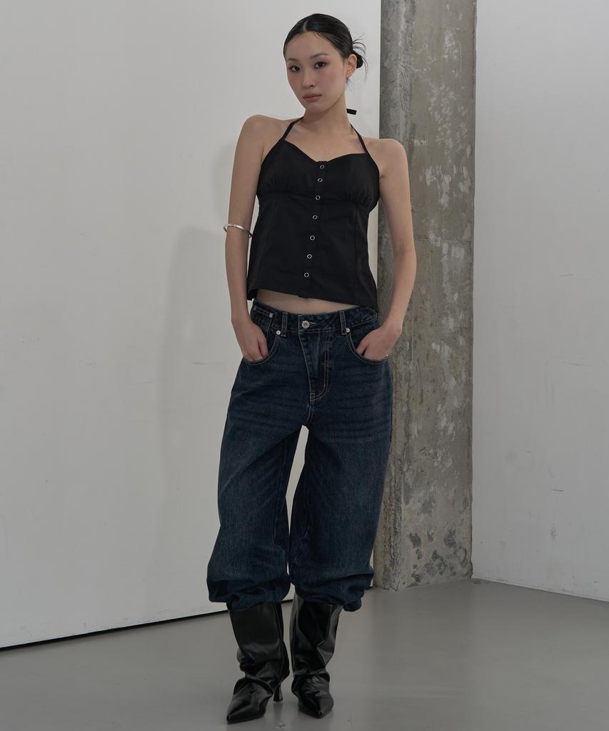 ZIZEMUSEUM Strap Detail Halter Neck Blouse (Black)