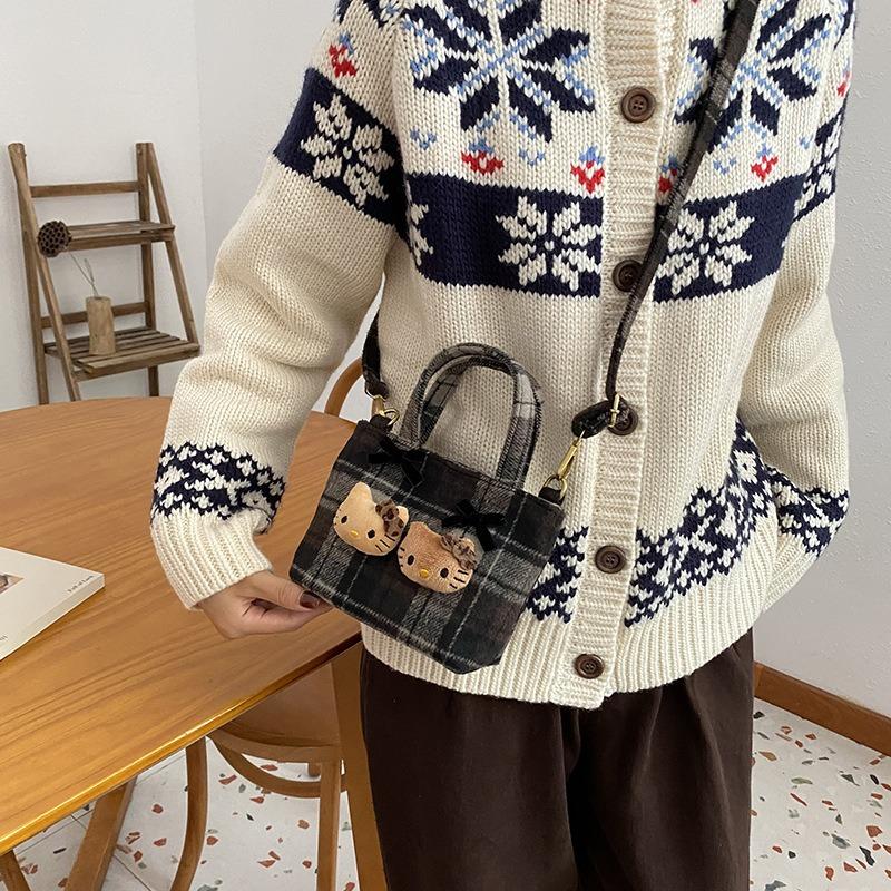 Mode Retro Karomuster Handtasche personalisierte Kontrastfarbe Bucket Bag niedlicher Cartoon-Stil Nische Messenger Schultertasche
