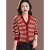 Mom's Cardigan Spring Autumn and Winter Striped Collar Jacket New Women's Knitted Top