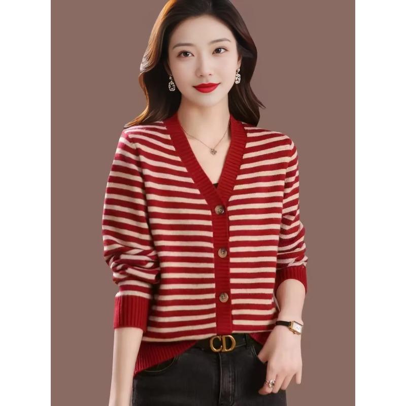 Mom's Cardigan Spring Autumn and Winter Striped Collar Jacket New Women's Knitted Top