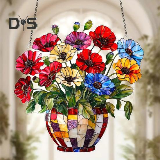 Potted Plants Sun Catcher Acrylic Window Hanging Ornament Floral Pattern Suncatcher for Home Wall Sunlit Spaces Decoration