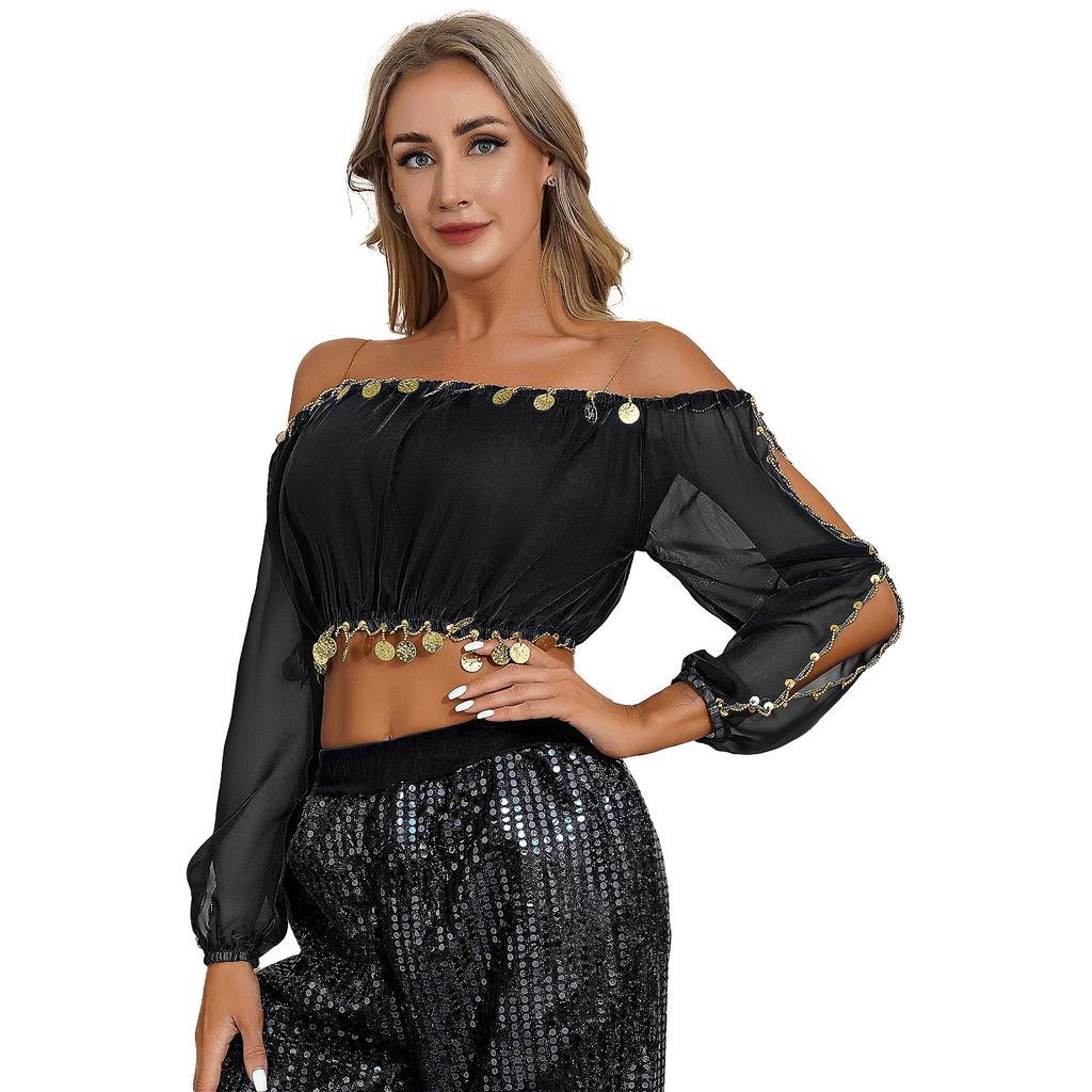 Womens Sequined Beaded Belly Dance Crop Top Long Puff Sleeve Split Halloween Party Costume