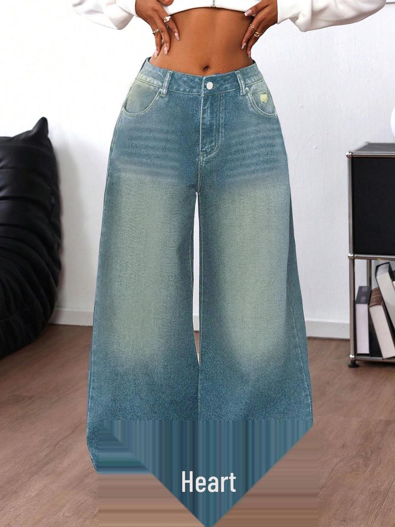 Women's Washed Blue Ripped Wide-Leg Jeans - Trendy Floor-Length Casual Pants