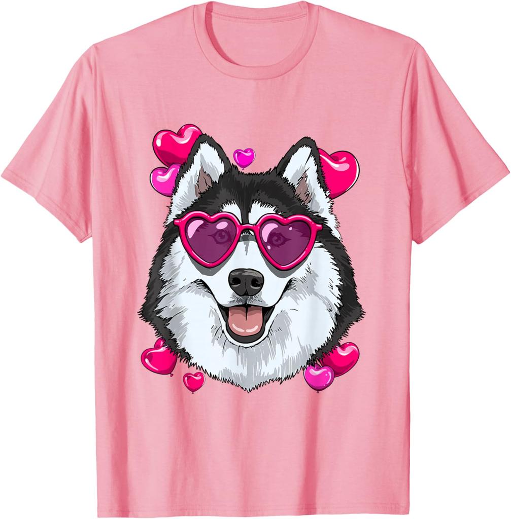 Husky Dog Heart Sunglasses Valentines Day Graphic Tee Soft Cotton Casual Short Sleeve Shirt
