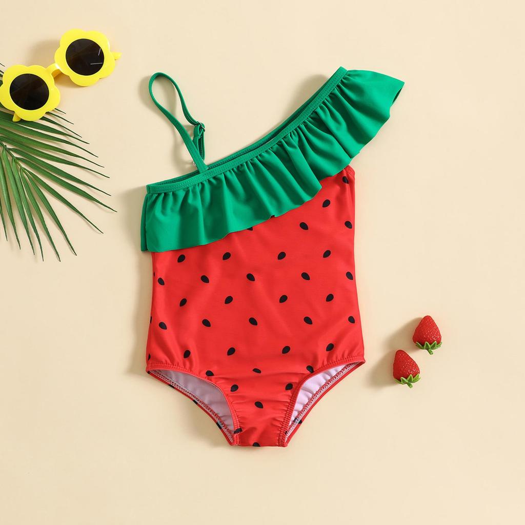 Kid Sleeveless Ruffle Strapless Cartoon Strawberry Print One Piece Swimsuit Bikini Swimwear 1 Piece Cartoon Sleeveless Swim Suit