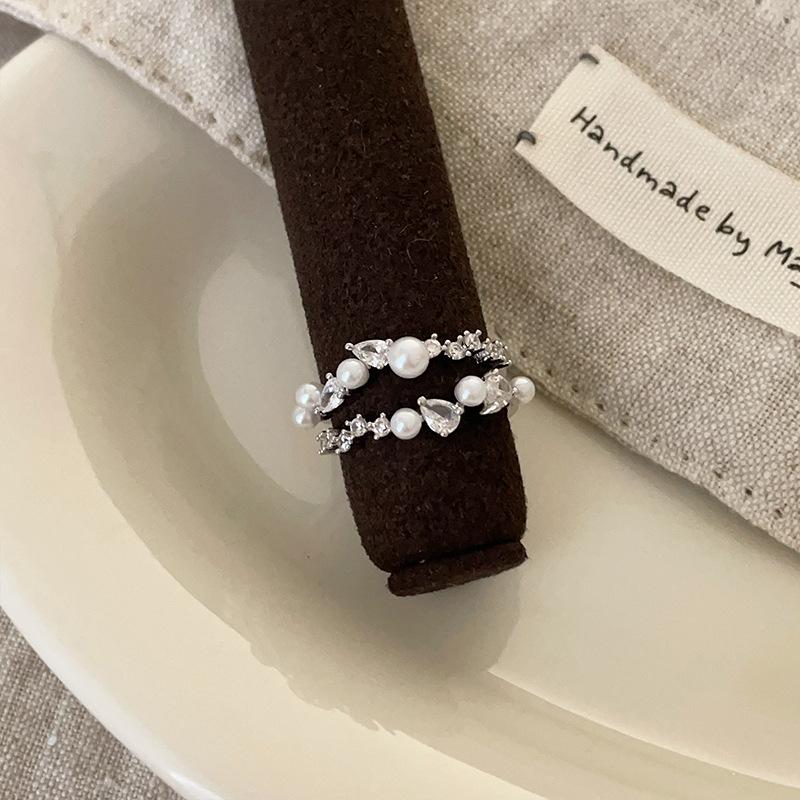 Zircon Pearl Metal Open Ring Women'S Niche Design Sense Personality Light Luxury Versatile Temperament Fashion Ring Ring