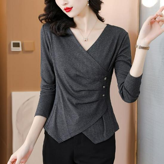 

Женский серый утягивающий пуловер с длинными рукавами и V-образным вырезом - коллекция осень/зима 2023 г. Large серый