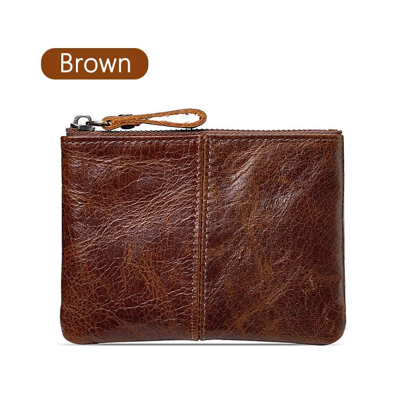 Mens and Women Retro Real Leather Zipper Wallet Card Holder Small Coins Keys Pocket Money Storage Pouch with Chain Key-ring