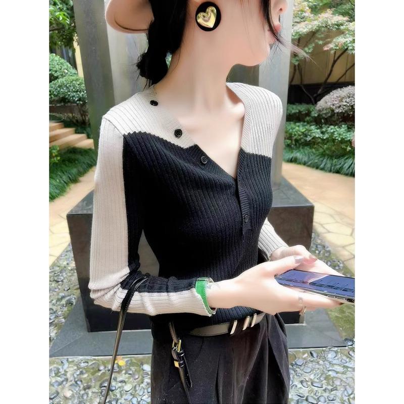 

Elegant Color Block V-Neck Knitted Sweater for Women - Early Autumn/Winter Slim-Fit Base Layer S
