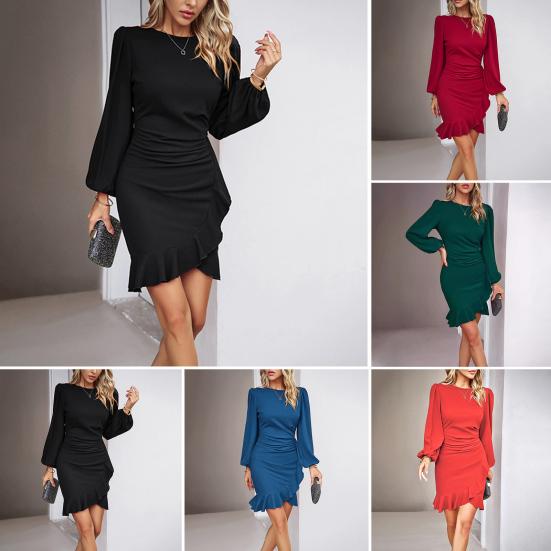 Lady Dress Puff Sleeve Irregular Hem Slim Fit Irregular Ruffle Patchwork Hem Round Neck Pleated Mini Dress Office Party Prom Dress