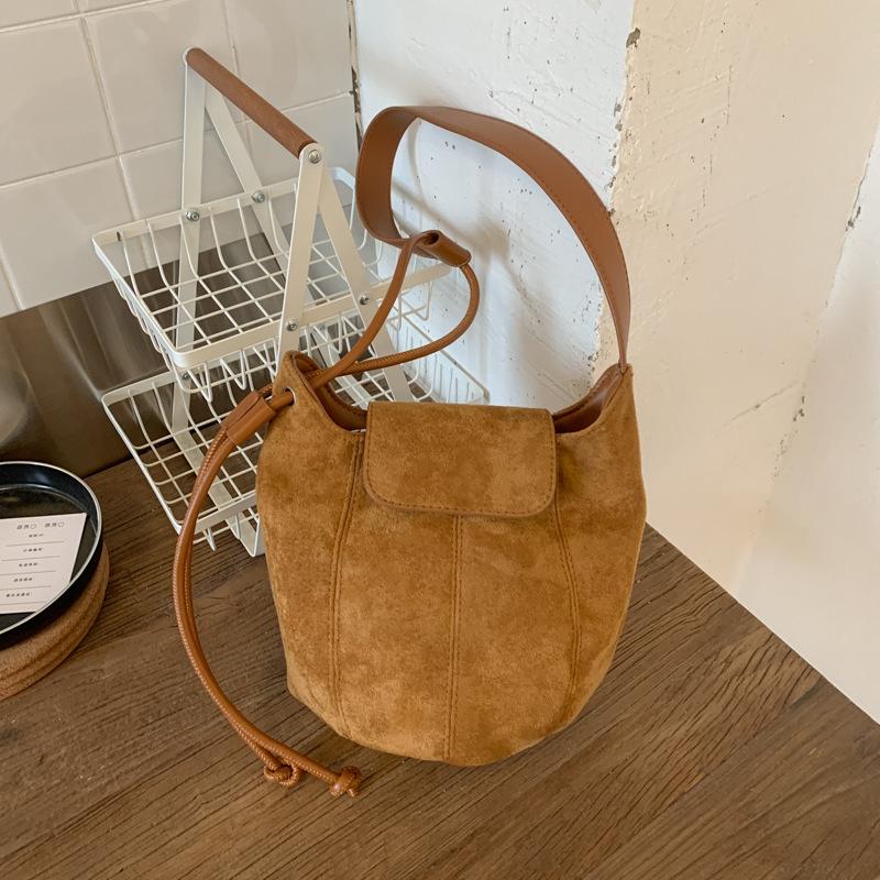 PU Suede Bucket Bag Women's Crossbody Shoulder Tote with Drawstring Closure Fashion Mini Handbag