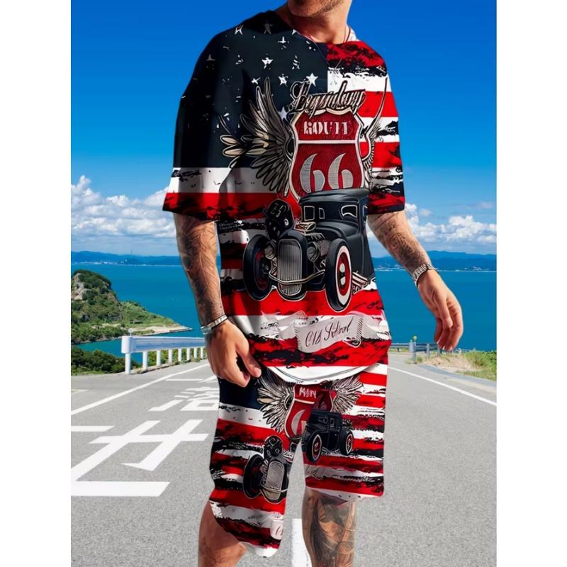 Urban street fashion trend men's round neck short sleeved shorts set, outdoor simple casual and comfortable