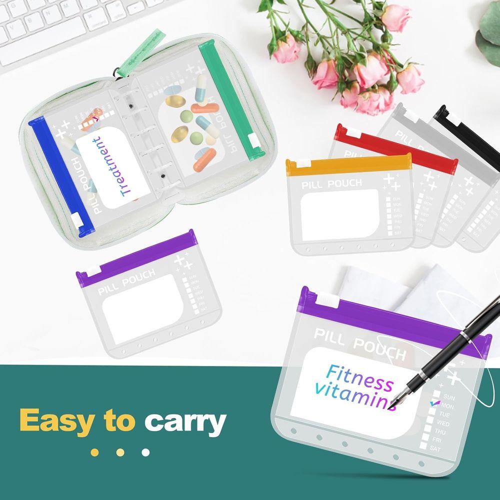 Large 7-Day Waterproof Pill Organizer with Color-Coded L-Size Zippered Pouches for Weekly Medication Storage