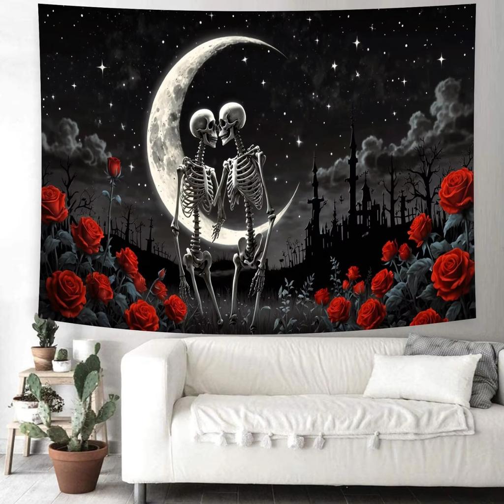 Black White Gothic Skull Tapestry, Romantic Constellation Skeleton Psychedelic Floral Art For Bedroom Headboard Living Room