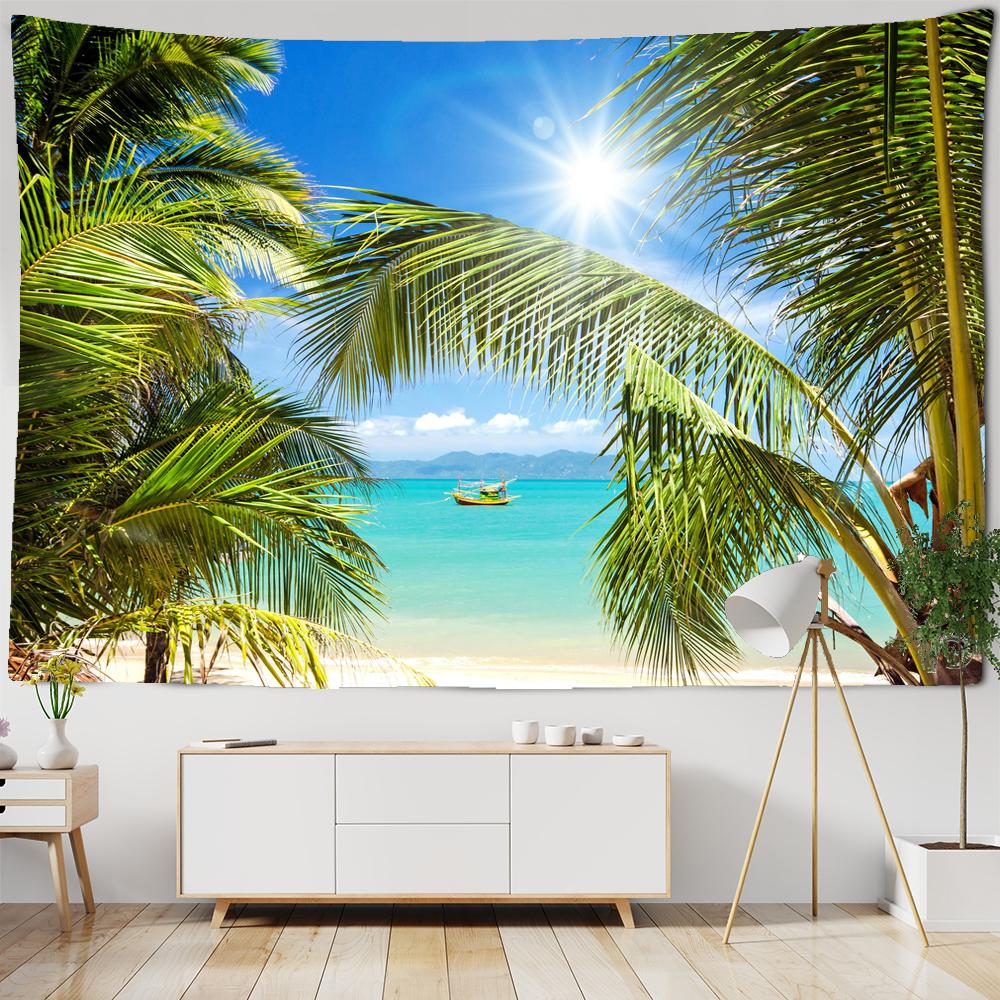 Beautiful Sea Scenery Tapestry Sea Vintage Beach Seascape Palm Tree Tapestry Wall Hanging Tapestries Boho Bedroom Wall Rug Premium Quality