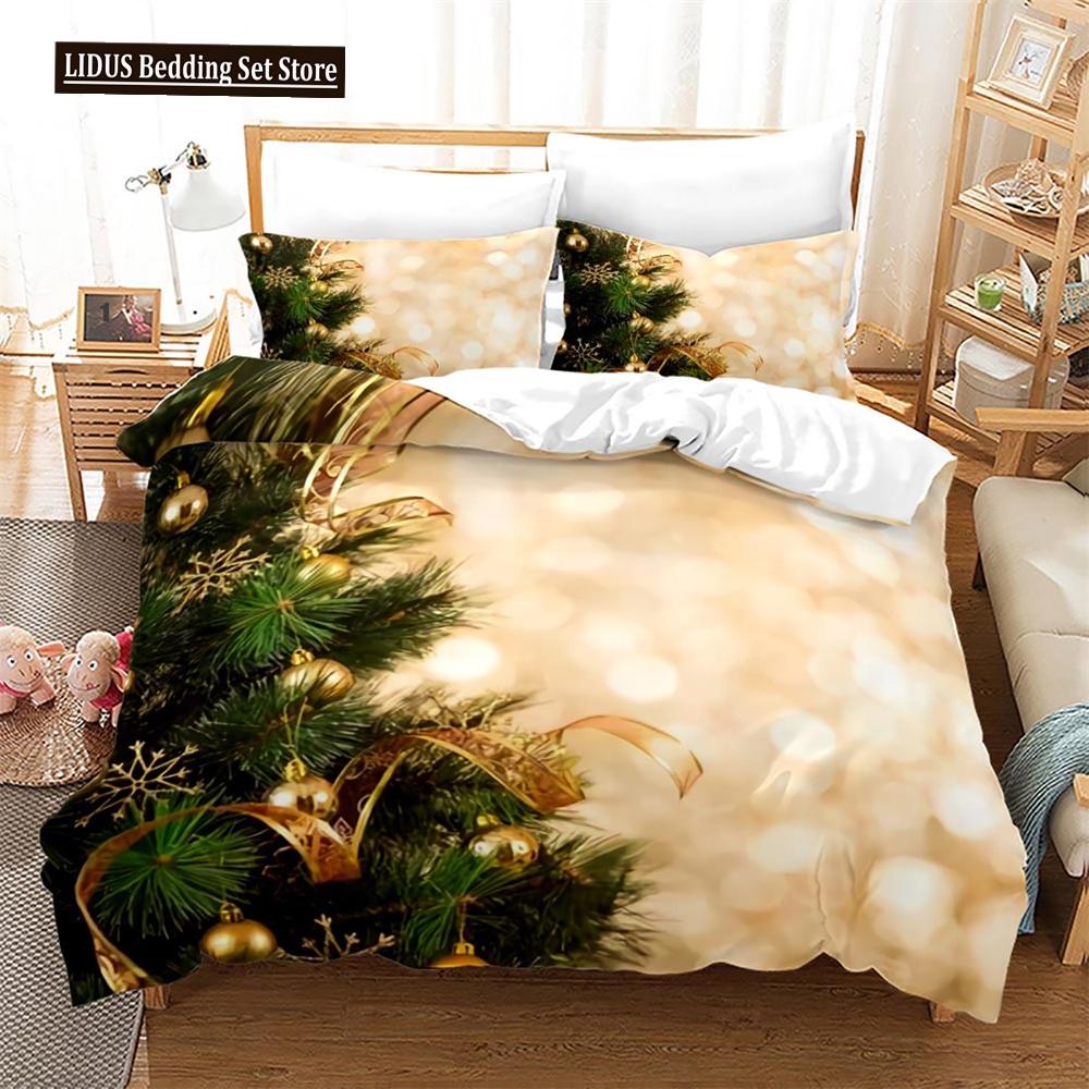 Christmas Duvet Cover Set King Size Snowflake Bells Pattern Festival Bedding Set Polyester Comforter Cover For Kids Boys Girls