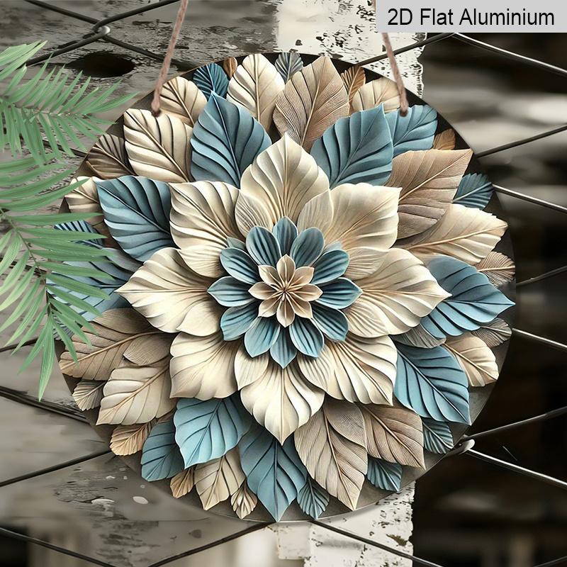 2D Flat, 1pc Round Art Metal Aluminum Wall Decor - Blue and White Leaf Floral Vintage Decorative Plaque, Suitable for Indoor/Outdoor, Durable for