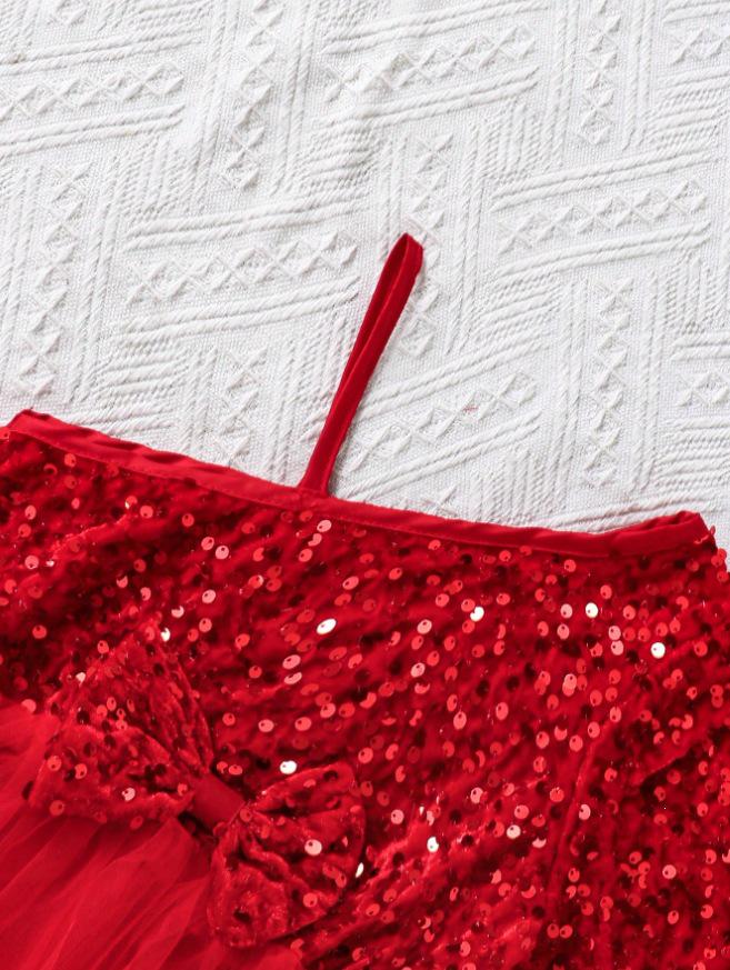 European & American Children's Elegant Sequin One-Shoulder Bow Princess Dress
