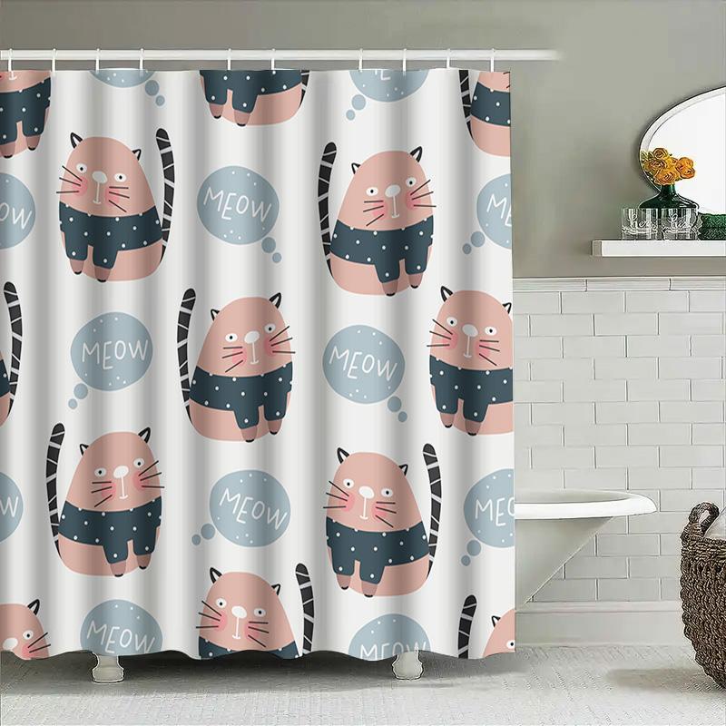 Whimsical Cat Shower Curtain Pink Black Striped Feline Print Polyester Fabric Waterproof Home Decor Item For Bathroom