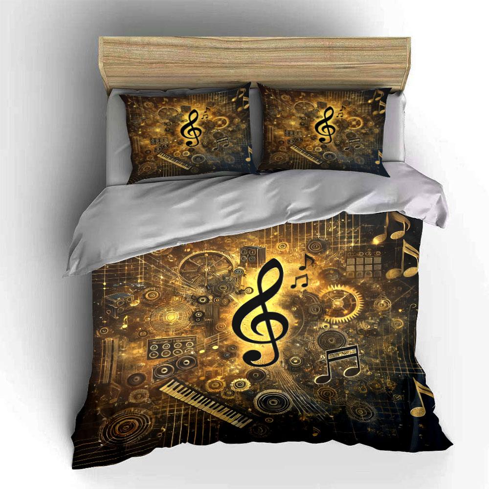 3Pcs Steampunk Music Bedding Set, Golden Treble Clef and Gears Print Duvet Cover + 2 Pillowcases, Music Lover Decor