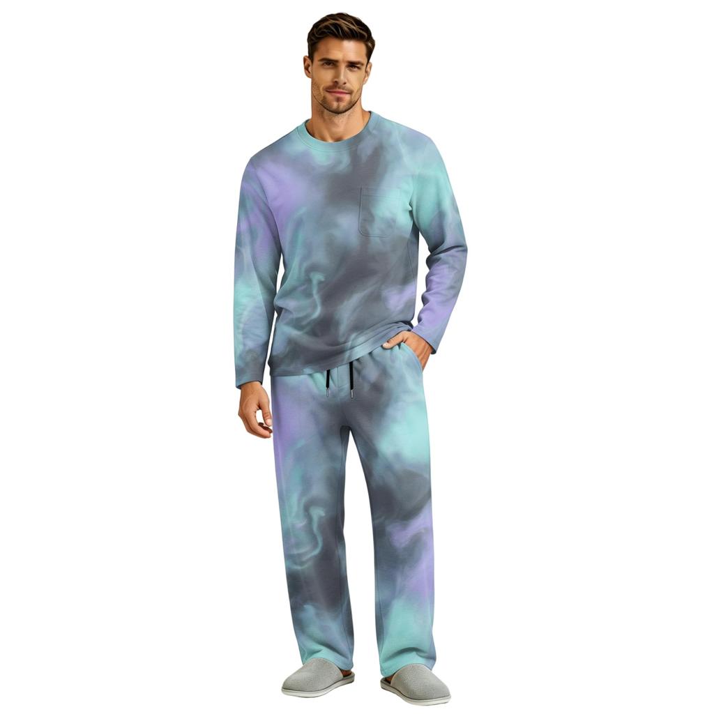 Men's Pajama Set Long Sleeve Top and Pants with Button Fly and Elastic Drawstring Waist
