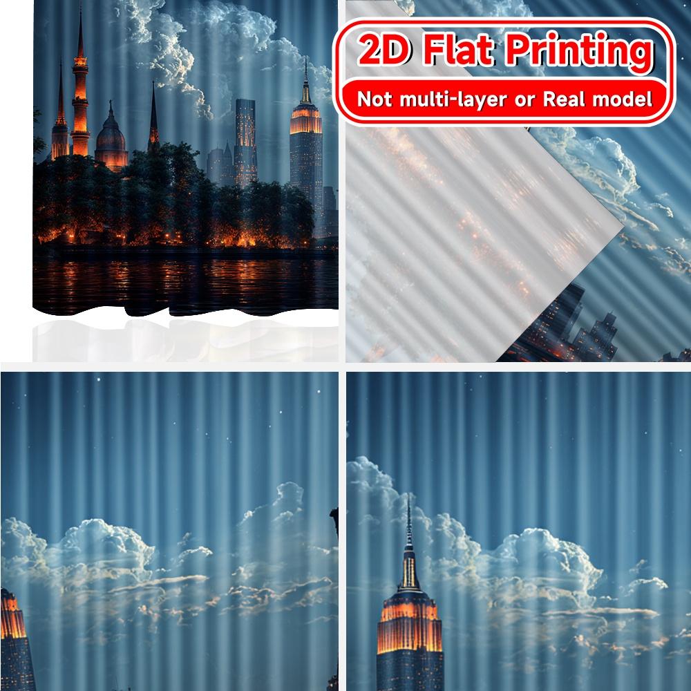 Set Of 2 Flat Printing Curtains Without Rod Cityscape Night View Easter Holiday Digital Polyester Easy Made
