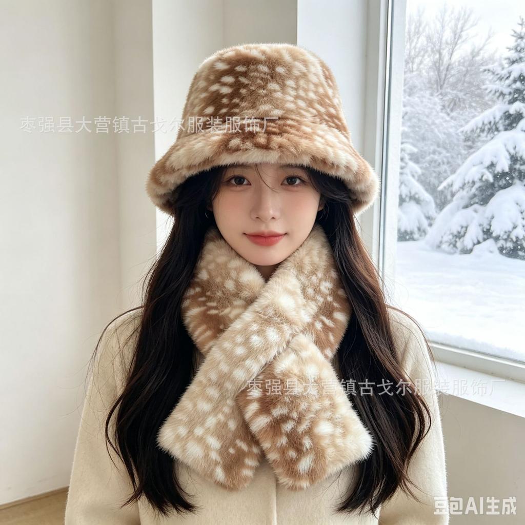 Plush Sika Deer Pattern Scarf Bucket Hat Women's Autumn and Winter New Warm Versatile Pot Hat High Value Hat