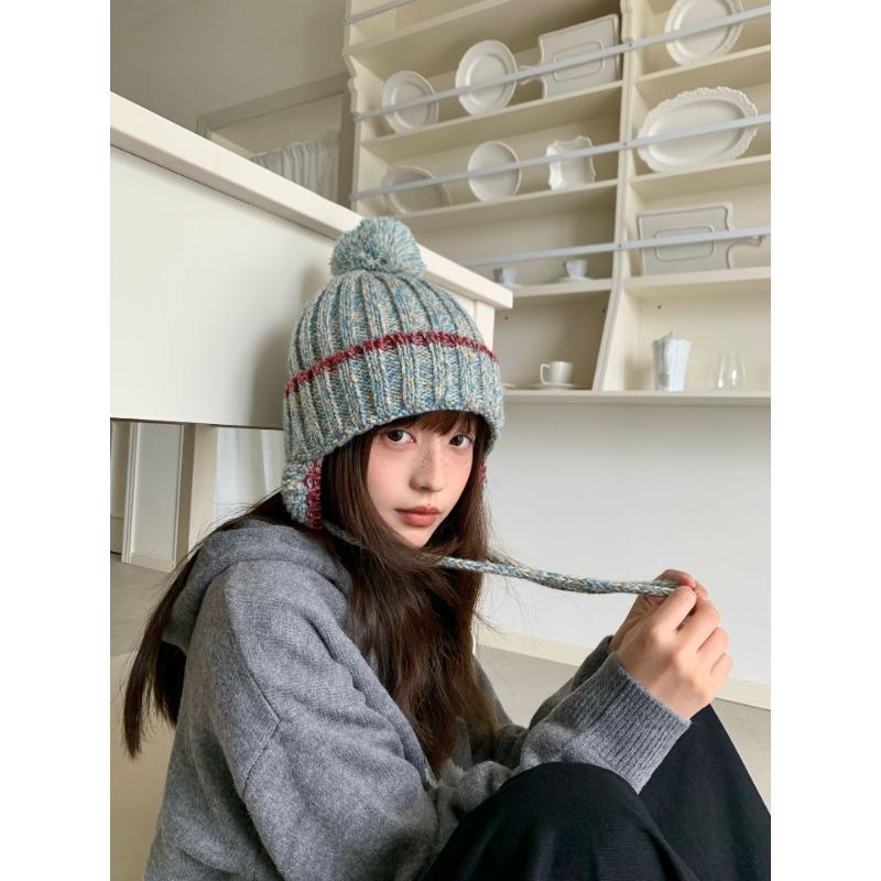 Fashion Knit Hat With Ear Flaps Tie Pom Pom Warm Winter Hat