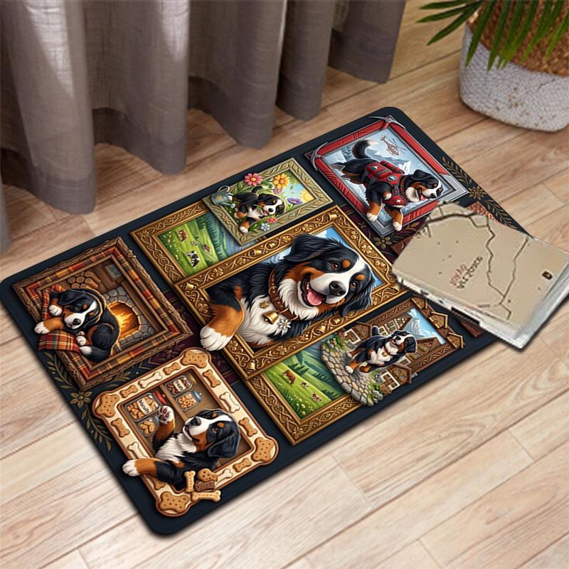 Bernese Mountain Dog Adventures Pattern Rug Floor Mat for Living Room or Bedroom Soft and Comfortable Carpet a Gift for Birthday and Holiday.