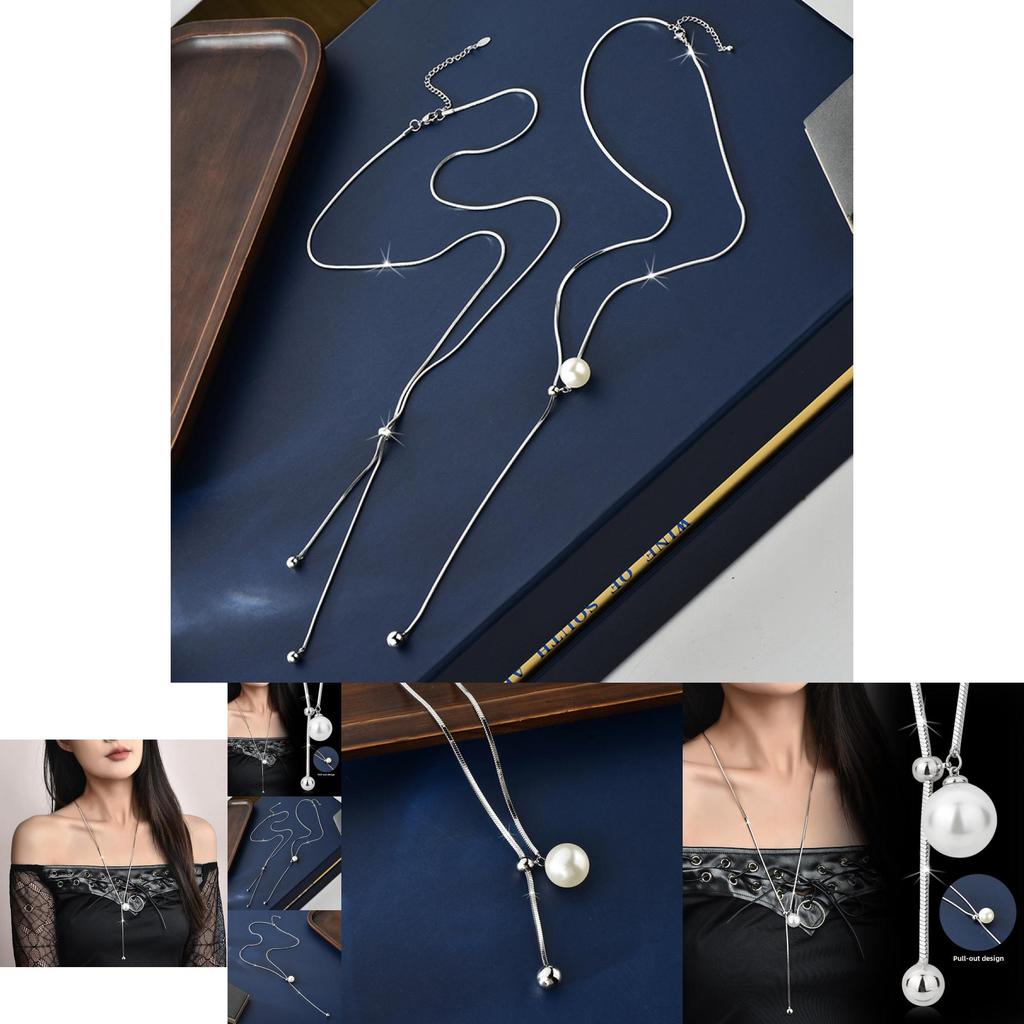 Elegant Long Pearl Necklace For Women In Titanium Steel With Geometric Design Ideal For Fall And Winter Fashion