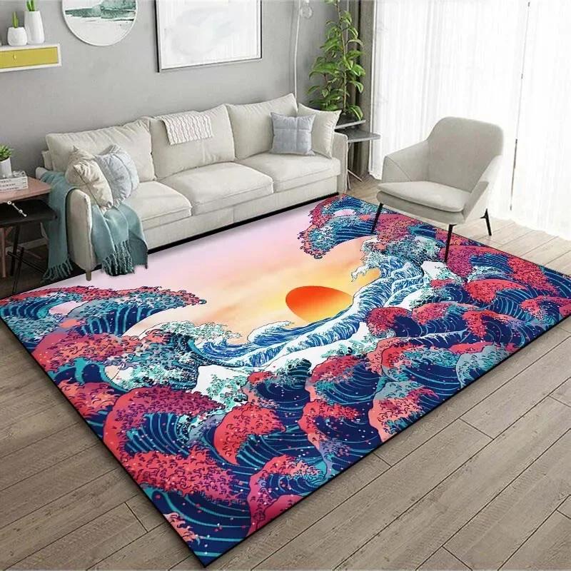 1PC Japanese Art Kanagawa Waves Carpet for Living Room Home Decor Large Area Rug Bedroom Floor Rug Non-slip Easy Washable Mat