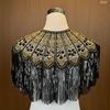 Retro Lace Sequin Qipao Shawl Dress with Beaded Shoulder Cloak