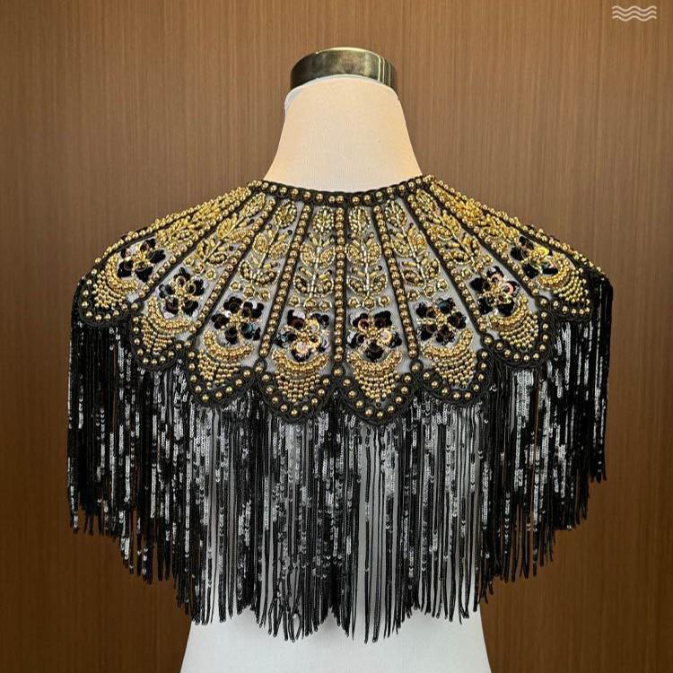 Retro Lace Sequin Qipao Shawl Dress with Beaded Shoulder Cloak