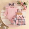 Baby Ribbed Bodysuit, Plaid Bear Doll Suspender Skirt & Headband Set for Fall/Winter