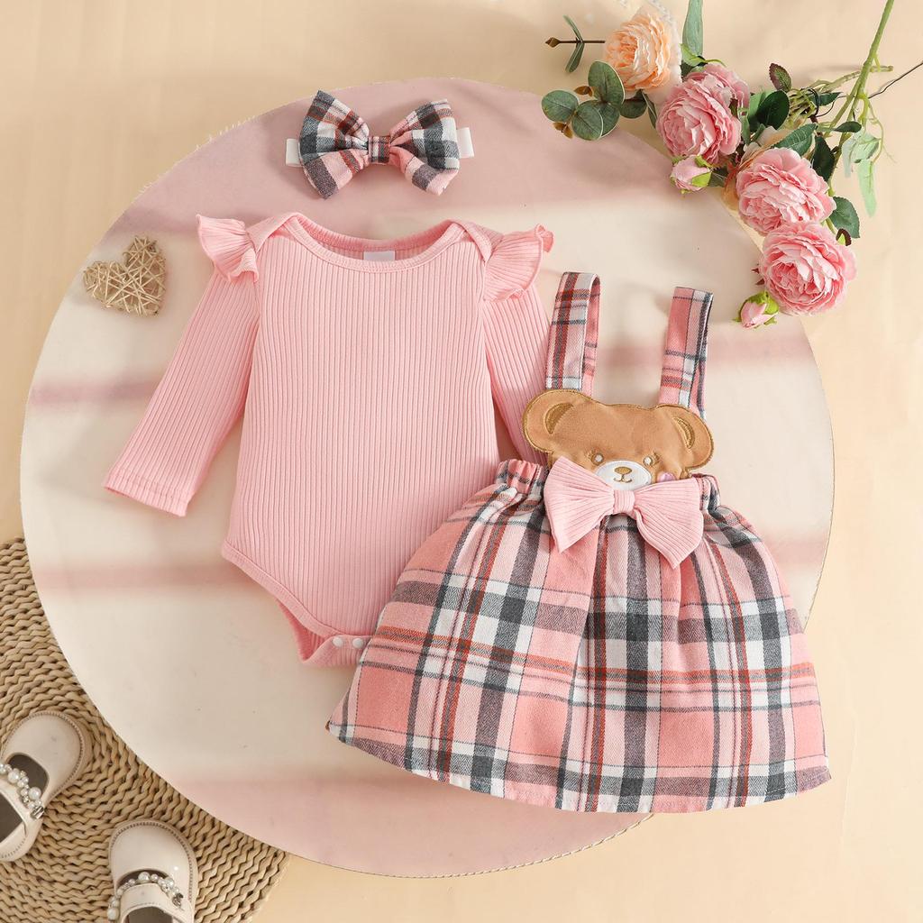 Baby Ribbed Bodysuit, Plaid Bear Doll Suspender Skirt & Headband Set for Fall/Winter