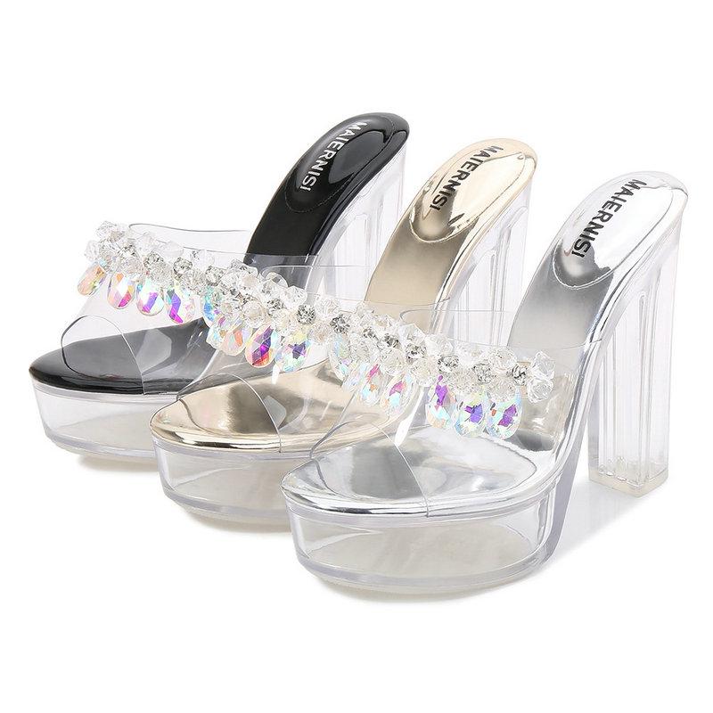 Fashion Sexy Heels 13cm Thick Heels Waterproof Platform Fashion Sandals Sandals Transparent Glass Slipper Wedding Shoes