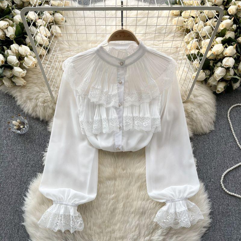 

Spring Heavy Industry Pleated Ruffles Sweet Lace Shirt White One size
