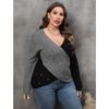 Women Plus Size Color Block Beaded Deep V Cross Long Sleeve Sweater