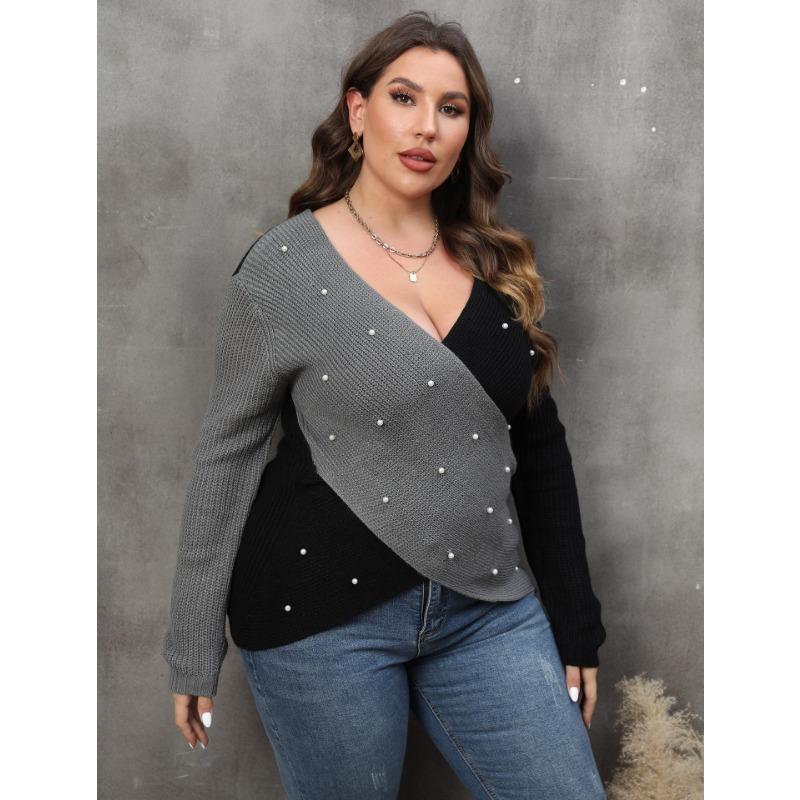 Women Plus Size Color Block Beaded Deep V Cross Long Sleeve Sweater