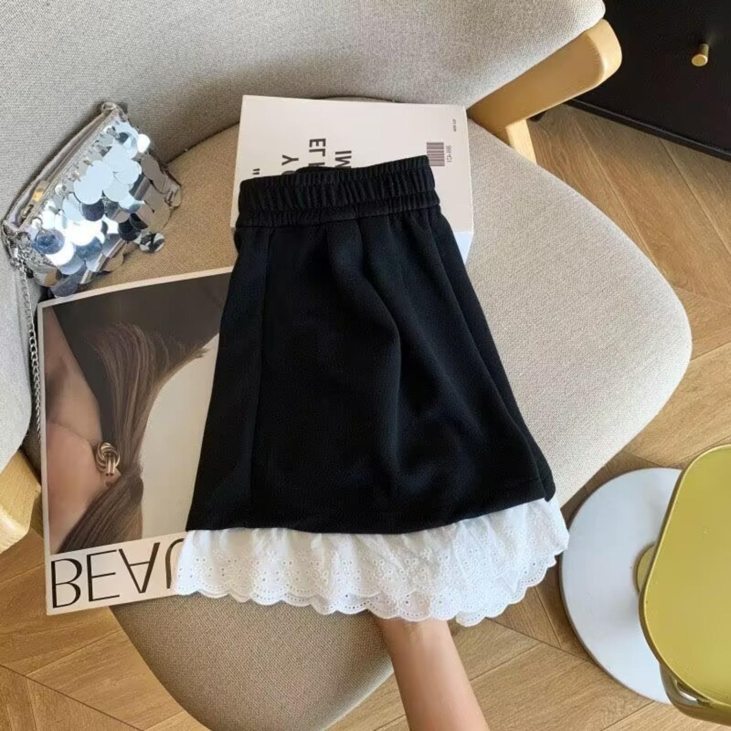 Women s High Waist Lace Patchwork Wide Leg Shorts Casual Loose Fit Summer Short Pants S