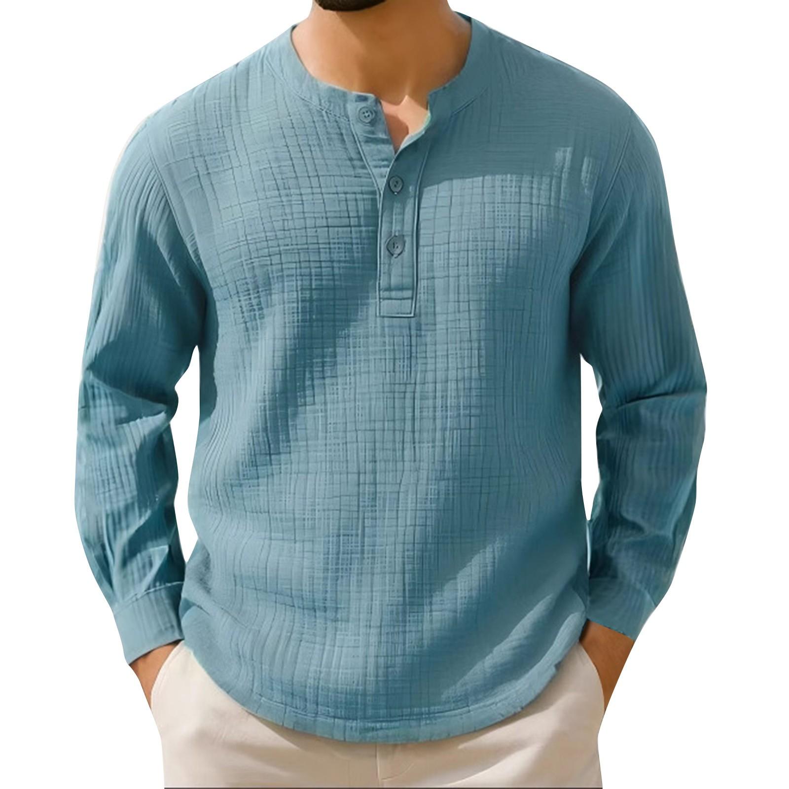 

Men s Summer Stripe Solid Color Pleated Texture Button Collar Loose Long Sleeve Top M синій